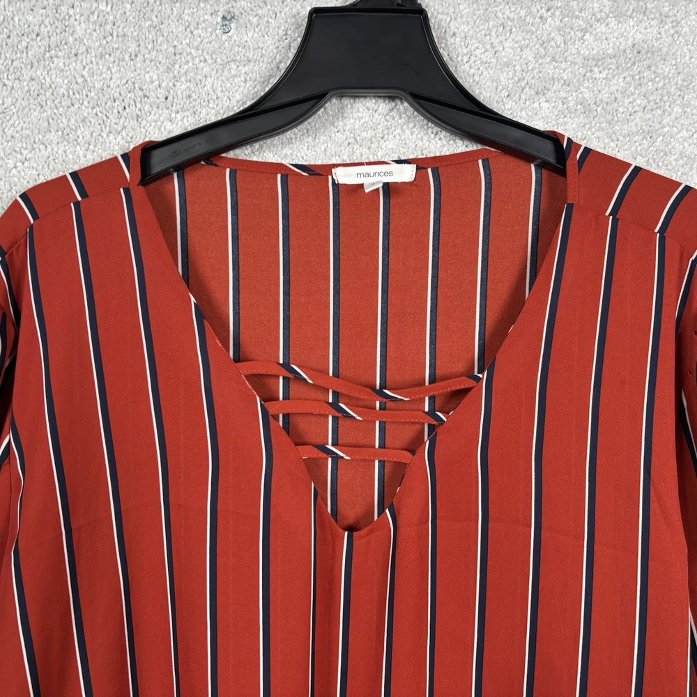 Maurices Womens Shirt Rust Red Navy Blue Stripes V Neck Cuffed Long Sleeve 3 3X